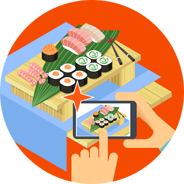 Animation of a user snapping a picture of sushi with a smartphone. Food Diary's AI calorie counter will then asses the nutrition visually.