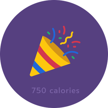 Celebration icon with 750 calories written below it to indicate that after a photo and quick wait Food Diary will have done all the work for you in calorie counting.